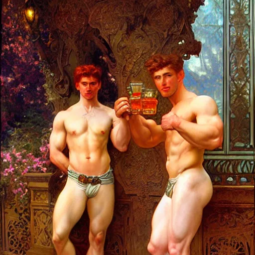 Image similar to attractive muscular mike with ginger hair with muscular attractive tyler with brunet hair, drinking their hearts out, in their noble mansion. highly detailed painting by gaston bussiere, craig mullins, j. c. leyendecker, alphonse mucha 8 k