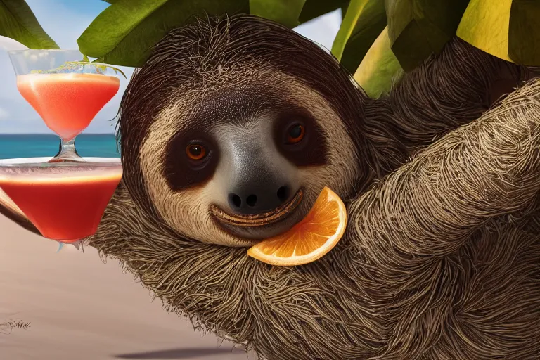Prompt: a sloth enjoying a cocktail on a coromandel beach in new zealand, beach bar, party, award winning, vibrant, highly realistic, highly detailed, digital art, artstation, deviantart, hd, octane render, 4k