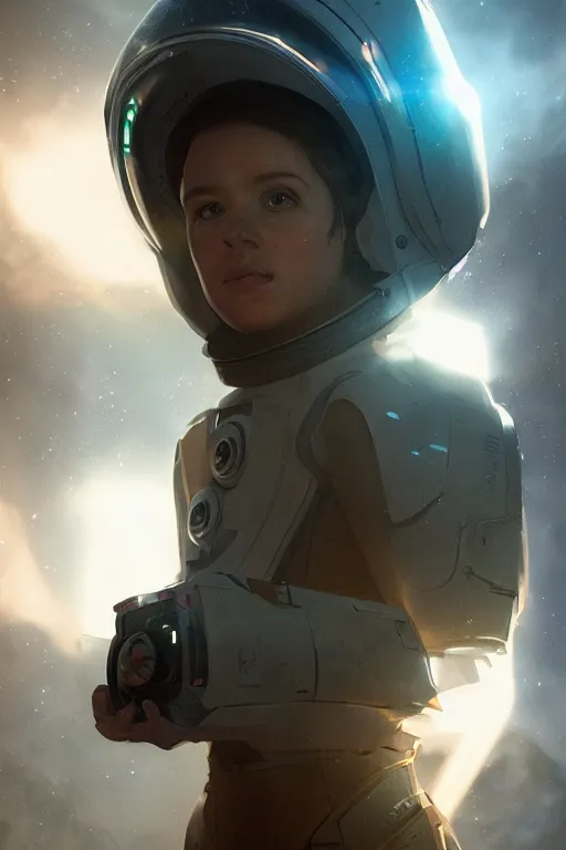Image similar to a future space explorer from the year 3033, cinematic, portrait, sci-fi, greg rutkowski, lens flare