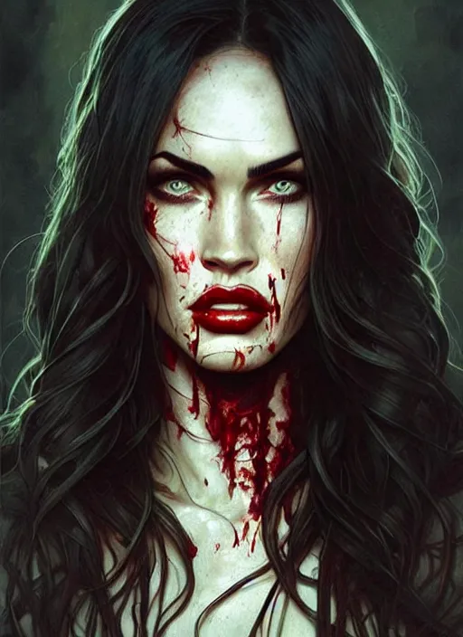 Image similar to portrait of megan fox as bloodthirsty damaged toothsome zombie, once upon a time, intricate, headshot, highly detailed, digital painting, artstation, concept art, sharp focus, cinematic lighting, illustration, art by artgerm and greg rutkowski, alphonse mucha, cgsociety