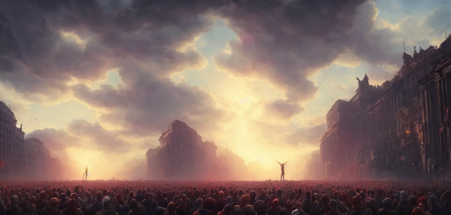 Prompt: crowd with raised arms pointing towardб demonstration, cinematic view, epic sky, detailed, concept art, low angle, high detail, warm lighting, volumetric, godrays, vivid, beautiful, trending on artstation, by jordan grimmer, huge scene, art greg rutkowski