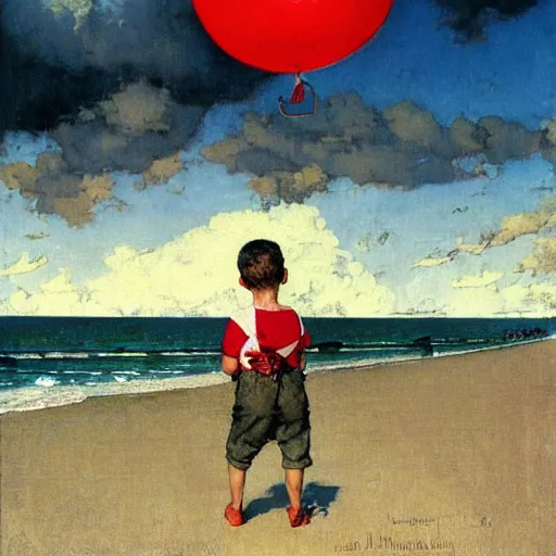 Image similar to a painting by Norman Rockwell of a young boy holding a red balloon at the beach, with dramatic clouds over the sea