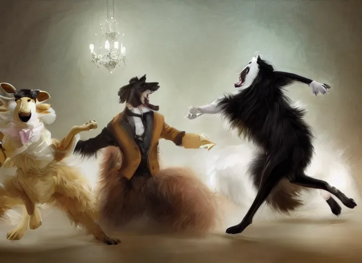 Image similar to wide shot painting of a male anthropomorphic border collie fursona dancing with a cute female anthropomorphic sheep fursona in a ballroom, beautiful, intricate, elegant, realistic proportions, highly detailed, scenic background, trending on artstation, art by charlie bowater and henry asencio and and ross tran