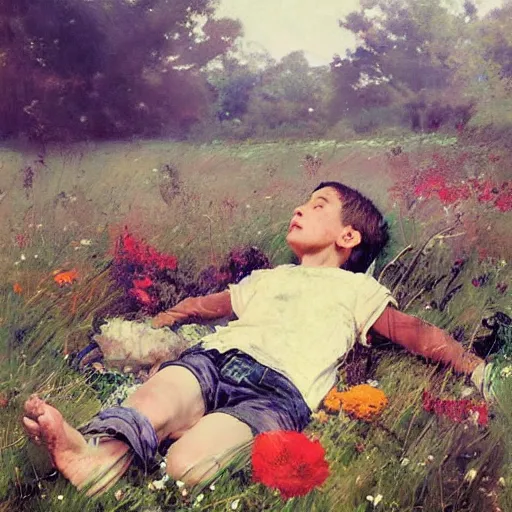 Prompt: a boy laying in a field with flowers growing from his chest. By Ruan Jia. Makoto shinkai. Norman Rockwell.