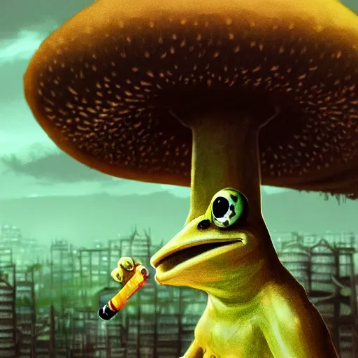 Image similar to A close up portrait of a scary godlike anthropomorphic frog smoking an anime cigarette , magic mushroom village in background . award winning. superb resolution. in the art style of junji Ito and greg rutkowski . Detailed Mushroom city in background. Hyper realistic anime. Perfect art. Dalle2