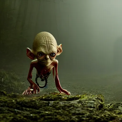 Image similar to Gollum wearing gold rings and Gollum wearing gold chains and Gollum wearing gold medallions in a dark forest, cinematic, foggy atmosphere, photograph