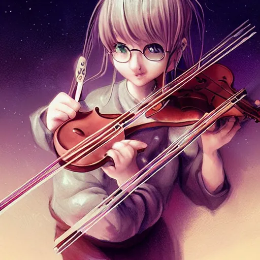 Prompt: Adorable Cat girl, Luminescent eyes, playing the violin, highly detailed, by Range Murata, artgerm, digital illustration, beautiful, concept art