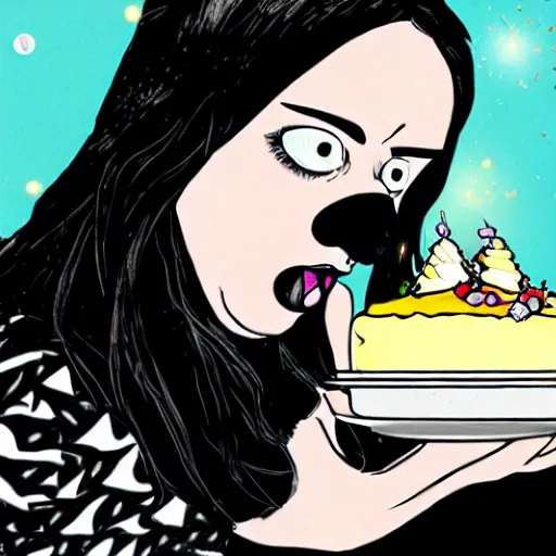 Image similar to Obese Billie Eilish eating cake in the style of Sandman comic