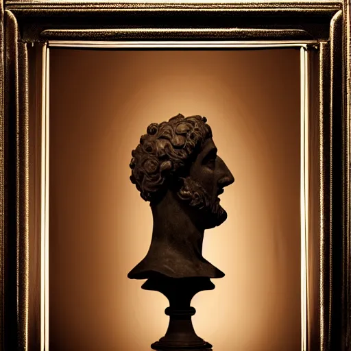 Image similar to an ancient Roman bust on fire in a dark room, high contrast, black, realistic