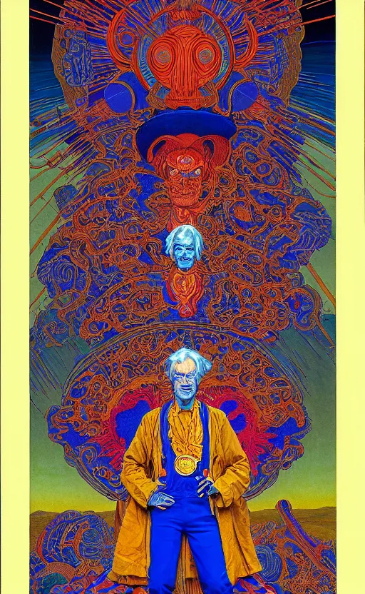 Image similar to a wickedly hilarious jean giraud work of art of timothy leary in the style of a renaissance masters portrait, mystical and new age symbolism and tibetan book of the dead imagery