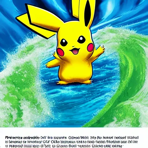 Prompt: pikachu surfing on a wave made of green slime, pokemon tcg image