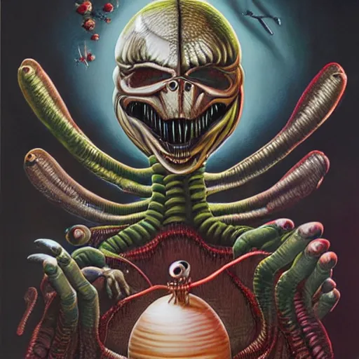 Image similar to Xenomorph life cycle, egg-facehugger-drone painting by Mark Ryden and Alex Gross, Todd Schorr highly detailed