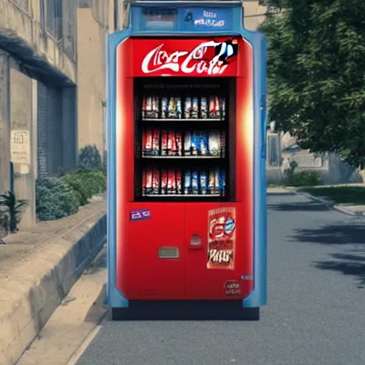 Image similar to a pepsi - style vending machine on a deserted summer street full of cans of coca - cola, cinematic composition, artstation, concept art