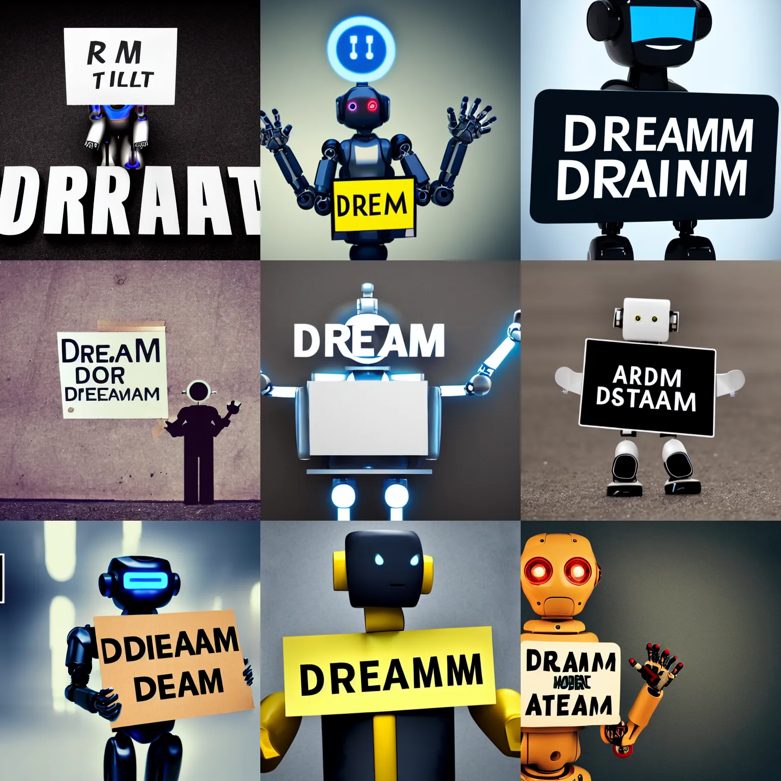 Image similar to artificial intelligence robot holding a sign with text that reads : dream