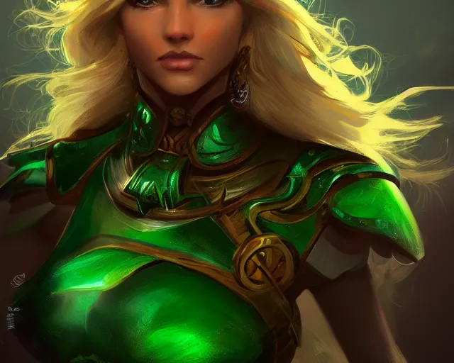 Image similar to A blonde emerald warrior, illustration, in the style of Fernando Juarez, epic, fantasy, intricate, elegant, amazing detail, digital painting, artstation, concept art, smooth, sharp focus, illustration