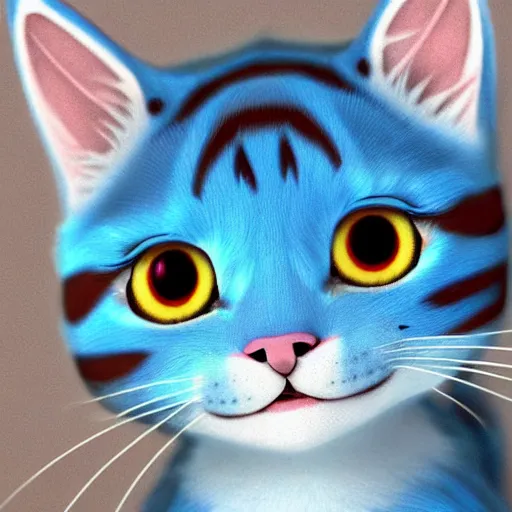 Image similar to cute blue striped cat of cheshire from alice in wonderland. an adorable cat with light blue stripes and a big playful smile. award - winning digital art, trending on artstation