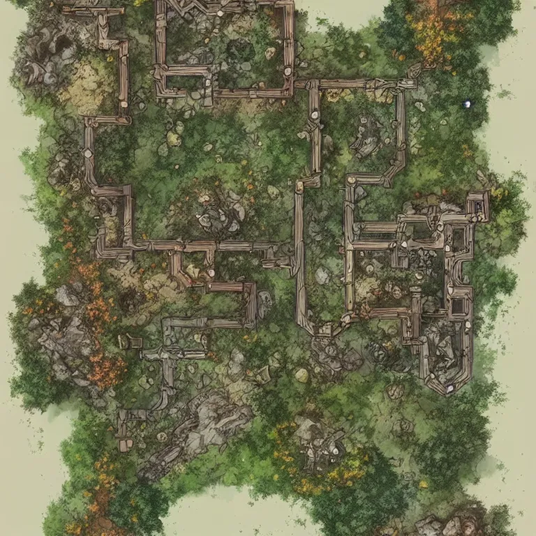 Image similar to full - color fantasy floor plan battle map of a woodland clearing, d & d, pathfinder, by jeff todd and greg rutkowski, trending on artstation, pinterest