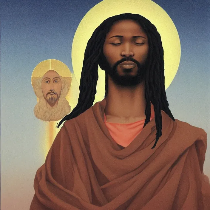 Image similar to a UFO hovering over an African Jesus, portrait painting by Hsiao-Ron Cheng,