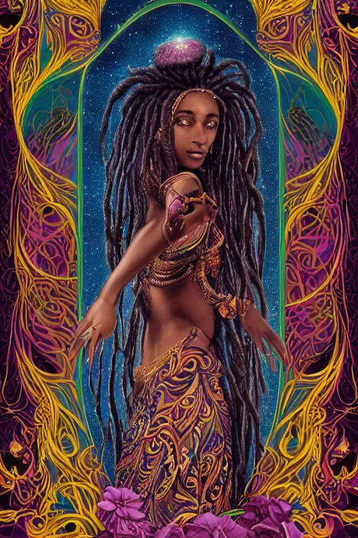 Prompt: beautiful, irridescent, and refined engraved fractal tarot card featuring an ornate, realistic, and regal high key studio anaglyph portrait of an attractive young sudanese princess with braided dreadlock hair in front of a brilliant nebula by Eric Lafforgue, by Suicide Girls, by Dan Mumford, by Jim Fitzpatrick, featured on deviant art, trending on artstation