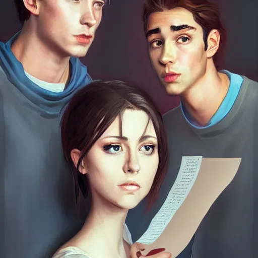 Image similar to realistic portrait of three male and one female characters look intensely at a terrified female author looking at some written notes, aesthetic!, trending on artstation, detailed digital art,