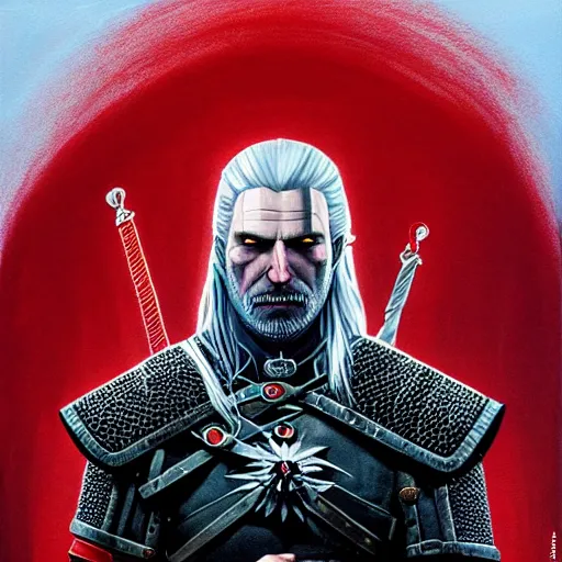 Prompt: a portrait of witcher, geralt of rivia with mordor in the background painting by elisabeth jerichau - baumann. red colors, painting, back tower, eye of sauron, oil on canvas, horizontally symmetric