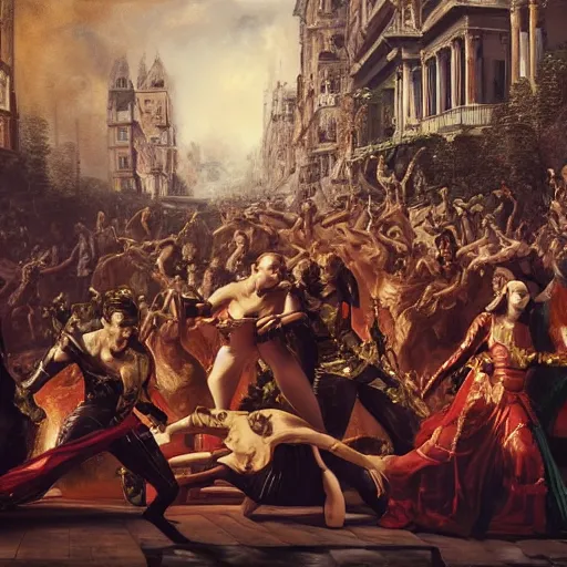 Image similar to a realistic painting by Raffaello Sanzi depicting the Kajol enveloped by symbiots Riot in the Renaissance,smooth,Sharp focus, trending on Artstation.