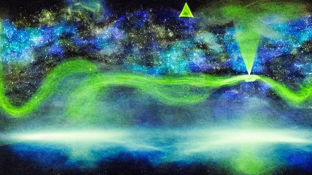 Image similar to night time visionary 8k mixed media of a nocturnal brocken spectre in the folded sky, filled with stars, starlight, moonlight, above the mystical green hill, occult, immanence, awe sublime, volumetric lighting