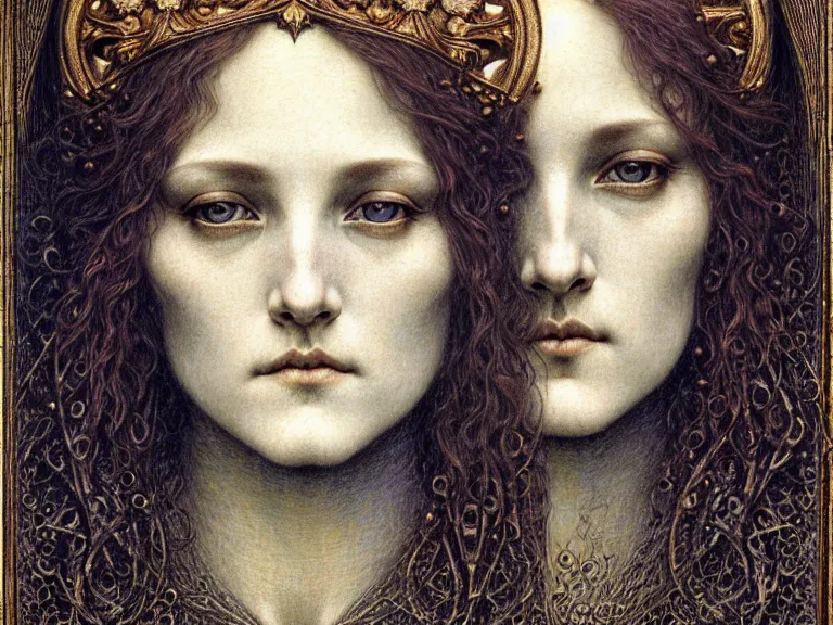 Image similar to detailed realistic beautiful young medieval queen face portrait by jean delville, gustave dore and marco mazzoni, art nouveau, symbolist, visionary, gothic, pre - raphaelite. horizontal symmetry