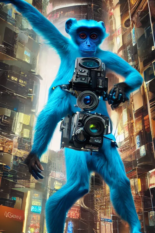 Image similar to Photography of ultra mega super hyper realistic detailed monkey in cyberpunk suit with many details by Hiromasa Ogura . Photo shot from 30m distance on ultra mega super hyper Leica Q2 Camera, Rendered in VRAY and DaVinci Resolve and MAXWELL and LUMION 3D, Volumetric cyan gold natural light