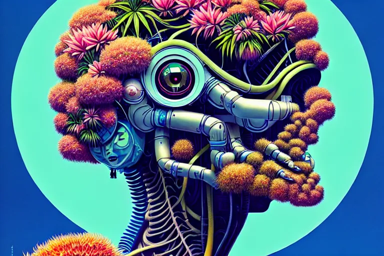 Image similar to gigantic robot head, a lot of exotic vegetation, trees, flowers by moebius, junji ito, tristan eaton, victo ngai, artgerm, rhads, ross draws, hyperrealism, intricate detailed