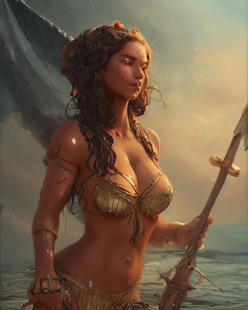 Image similar to A beautiful woman warrior wearing a magical bikini posing on a boat, beautiful face, highly detailed face, close-up, fantasy art, in the style of greg rutkowski, illustration, epic, fantasy, intricate, hyper detailed, artstation, concept art, smooth, sharp focus, ray tracing