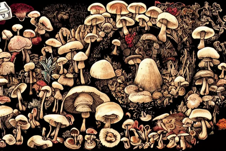 Prompt: the cycle of life shown through mushrooms, birth life aging death, love hate god devil, heaven hell,