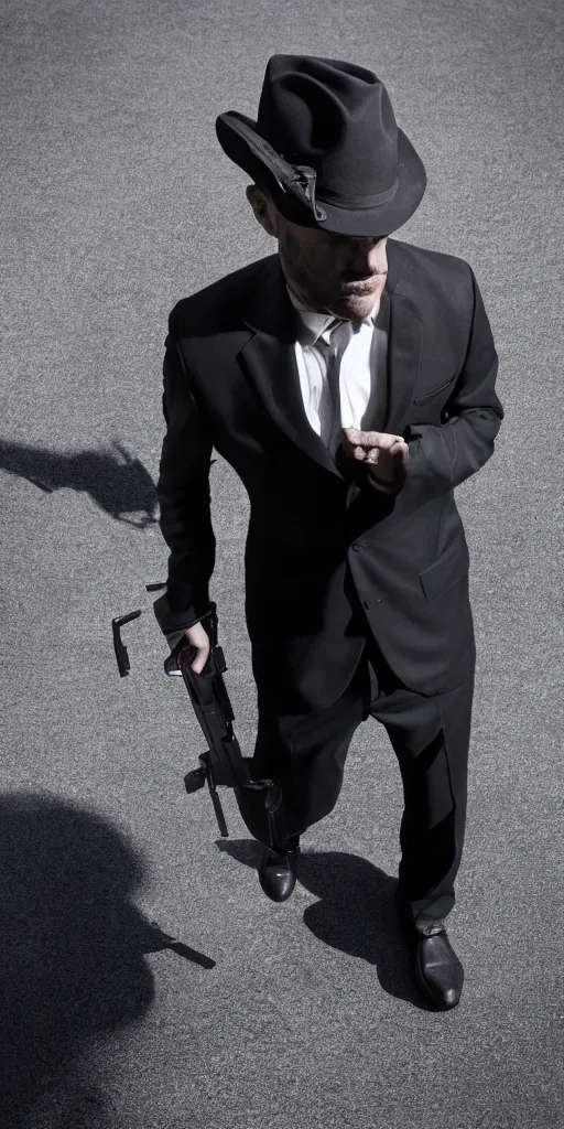 Image similar to serious looking man in a black suit and black fedora hat. he has a big silver gun, 4 k, atmospheric, epic scene, strong shadows, high contrast