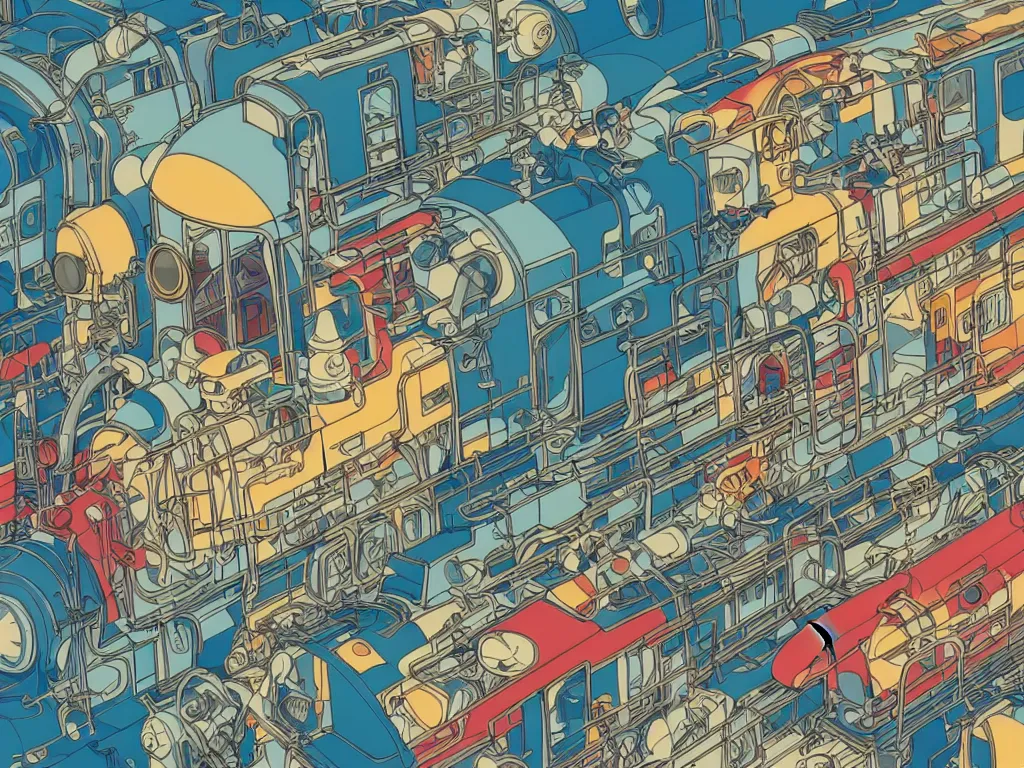 Image similar to colorful blueprint sideview of a anime train, illustration, concept art, autumn light, colorful, beautiful, studio ghibli, hayao miyazaki, takashi murakami, alfons mucha, manga, cute and adorable