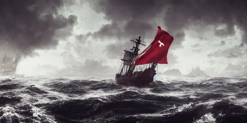 Image similar to a wooden big ship in the middle of the sea during a storm, turbulent sea, high coherence, highly detailed, high quality, 8 k, dramatic lighting, cinematic, epic scene, path traced, hyperrealistic, concept art, octane render, unreal engine 5, trending on artstation, a red cross in the ship flag, high contrast