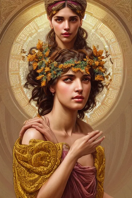 Image similar to portrait of beautiful greek goddess, wearing an ornate toga with intricate floral patterns, by terry o'neill intricate, elegant, highly detailed, digital painting, glistening skin, artstation, concept art, smooth, sharp focus, bold lighting, illustration, art by artgerm and greg rutkowski and alphonse mucha, 8 k