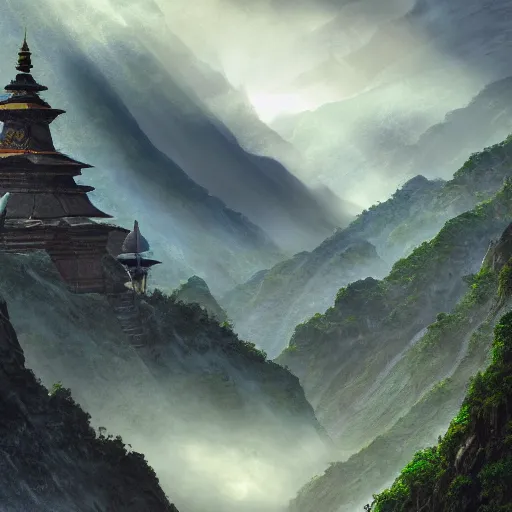 Prompt: a beautiful and highly detailed digital art of nepal in science fiction movie, detailed high buildings and rockets, forgotten valley, nepali architecture buildings, swirling mist, lush forests, intricate details, epic scale, insanely complex, 8 k, sharp focus, hyper realism, fantasy landscape, psychedelic, by caspar friedrich,