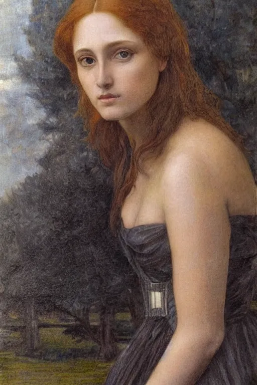 Image similar to Pre-Raphaelite portrait of a young, beautiful female-architect with blond hair and grey eyes