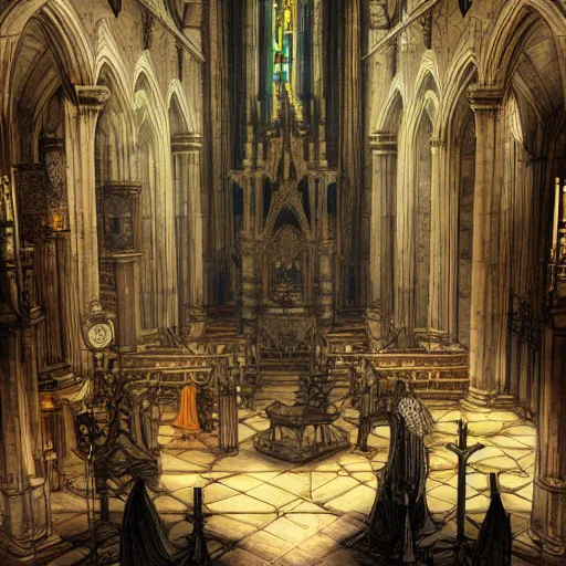 Image similar to goth woman standing in a church, color page, tankoban, 4 k, tone mapping, akihiko yoshida, james jean andrei riabovitchev marc simonetti, yoshitaka amano, long hair, curly, h. hydrochaeri