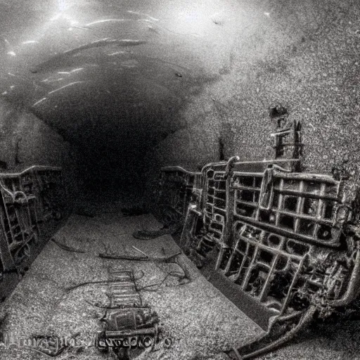 Image similar to a rusty shipwreck in an underwater tunnel, underwater photograph, creepy, eerie, surreal, submechanophobia, scary lighting,