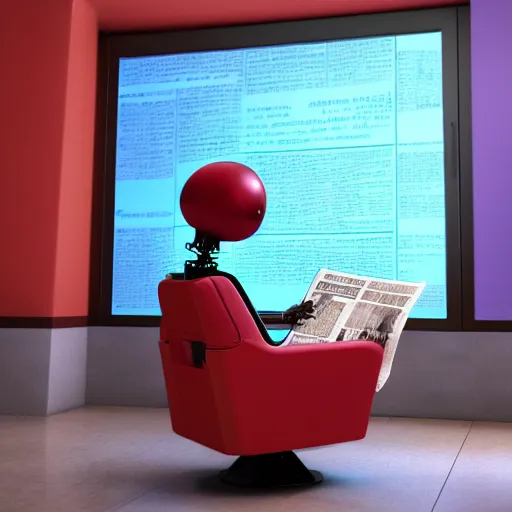 Image similar to futuristic studious matte brown and red and chrome full-body humanoid robot with two huge round expressive sad purple glowing LED eyes and open rectangular mouth sitting on a large comfortable cushioned 1950s vintage recliner reading a newspaper. open newspaper. Cinematic Movie Photograph, Arri Alexa, Extremely Detailed, smooth, very very clean, 8K, octane render, maya render, unreal engine, trending on artstation, DSLR, excellent composition, center frame