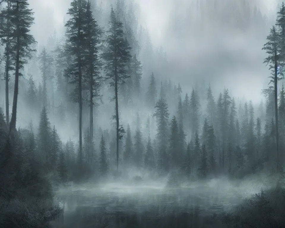 Prompt: mirror room, beautiful evening landscape, mystery forest, mist, mountains, river, artstation, procreate, digital art, realistic style, digital painting