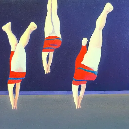 Image similar to A gymnastics doing flips in a gymnasium, oil on canvas