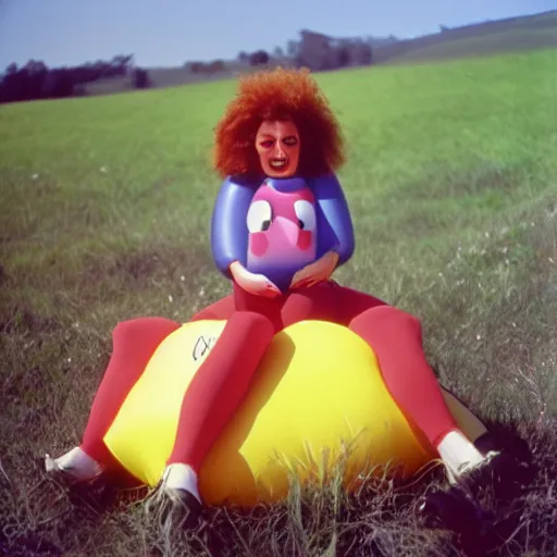 Prompt: A sad woman wearing a smiling inflatable toy in a meadow, 1980, color film expired film, aged photo, fellini almodovar john waters