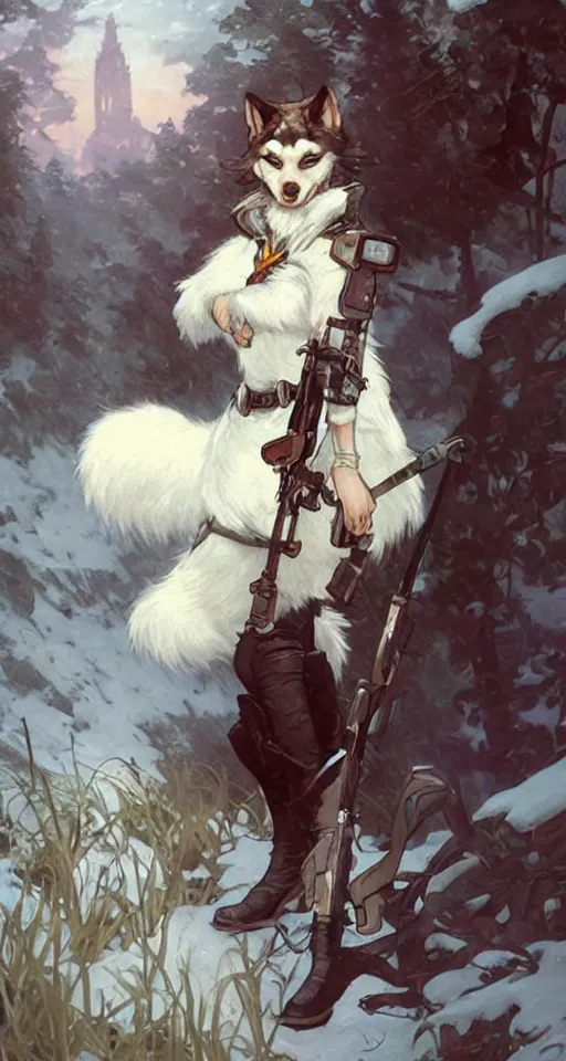 Prompt: anthropomorphic female wolf police officer with white fur. Renowned character illustration by greg rutkowski, thomas kindkade, alphonse mucha, loish, norman rockwell. Trending on furaffinity.