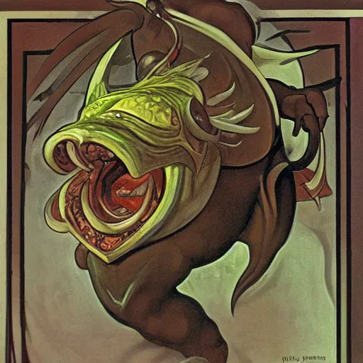 Image similar to tahm kench, painted by alfonse mucha