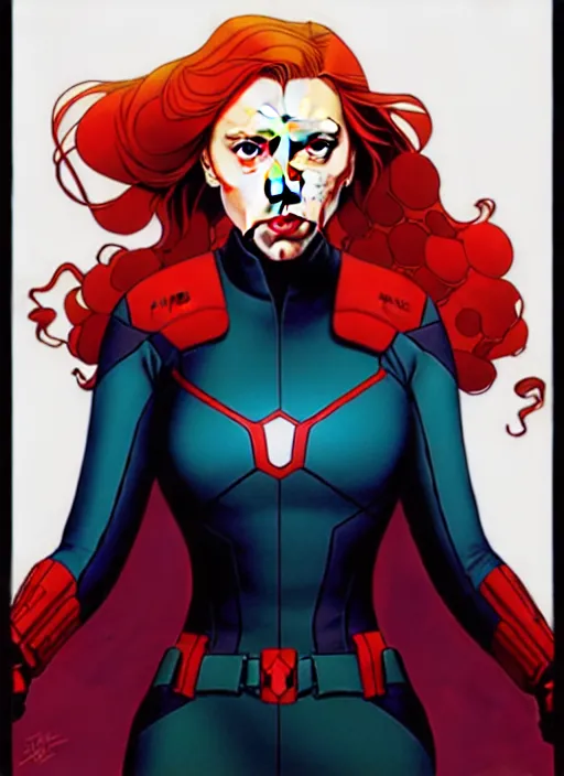 Image similar to rafeal albuquerque comic art, joshua middleton comic art, artgerm, cinematics lighting, night time, pretty scarlett johansson black widow, big smirk, symmetrical face, symmetrical eyes, long red hair, full symmetrical body, flying in the air, jumping off rooftop