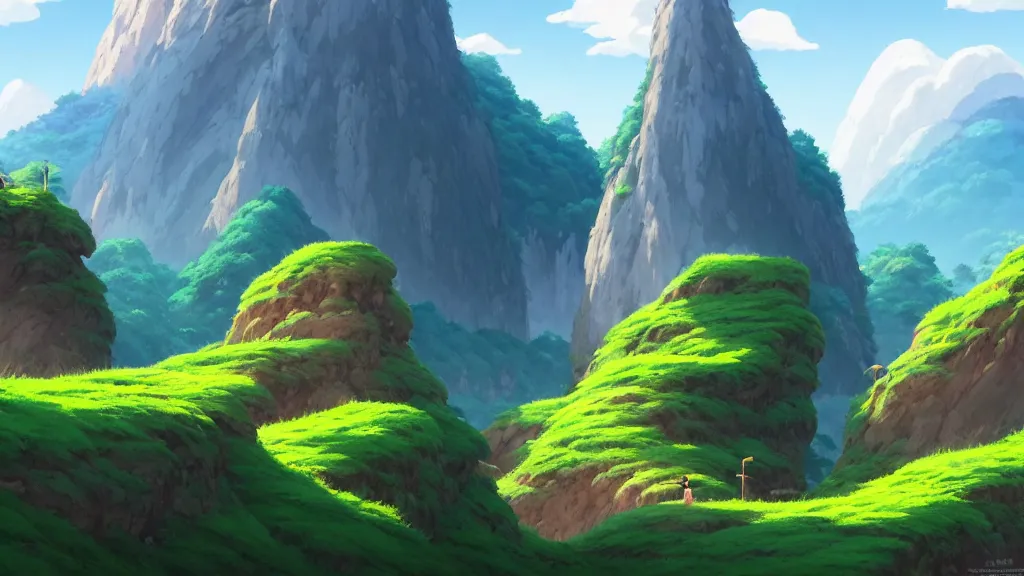 Image similar to mountainside landscape, studio ghibli, pixar and disney animation, sharp, rendered in unreal engine 5, highly detailed, digital painting, artstation, concept art, smooth, sharp focus, illustration, wide angle, artbook, wallpaper, splash art, promo art, dramatic lighting, art by artgerm and greg rutkowski and bo chen and jin xiaodi