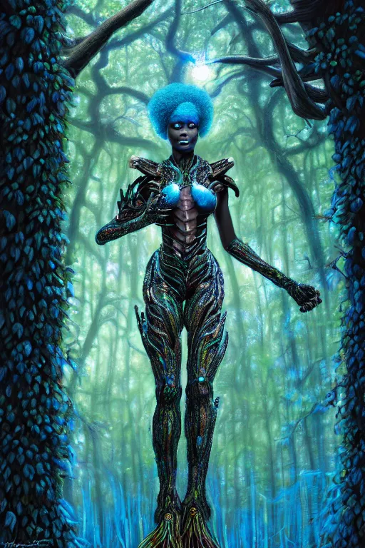 Image similar to hyperrealistic post - lowbrow super gorgeous! black woman with exoskeleton armor, merging with tree in a forest, highly detailed digital art masterpiece smooth cam de leon hannah yata dramatic pearlescent blue teal light ground angle hd 8 k sharp focus