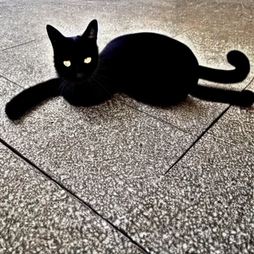 a black cat sitting on a tiled floor, trending on